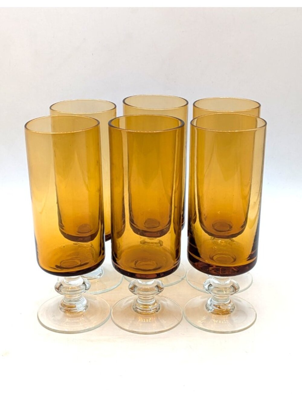 Vintage Amber Glass Cylindrical Cordial Glasses Set Of 6 Clear Foot 5 oz